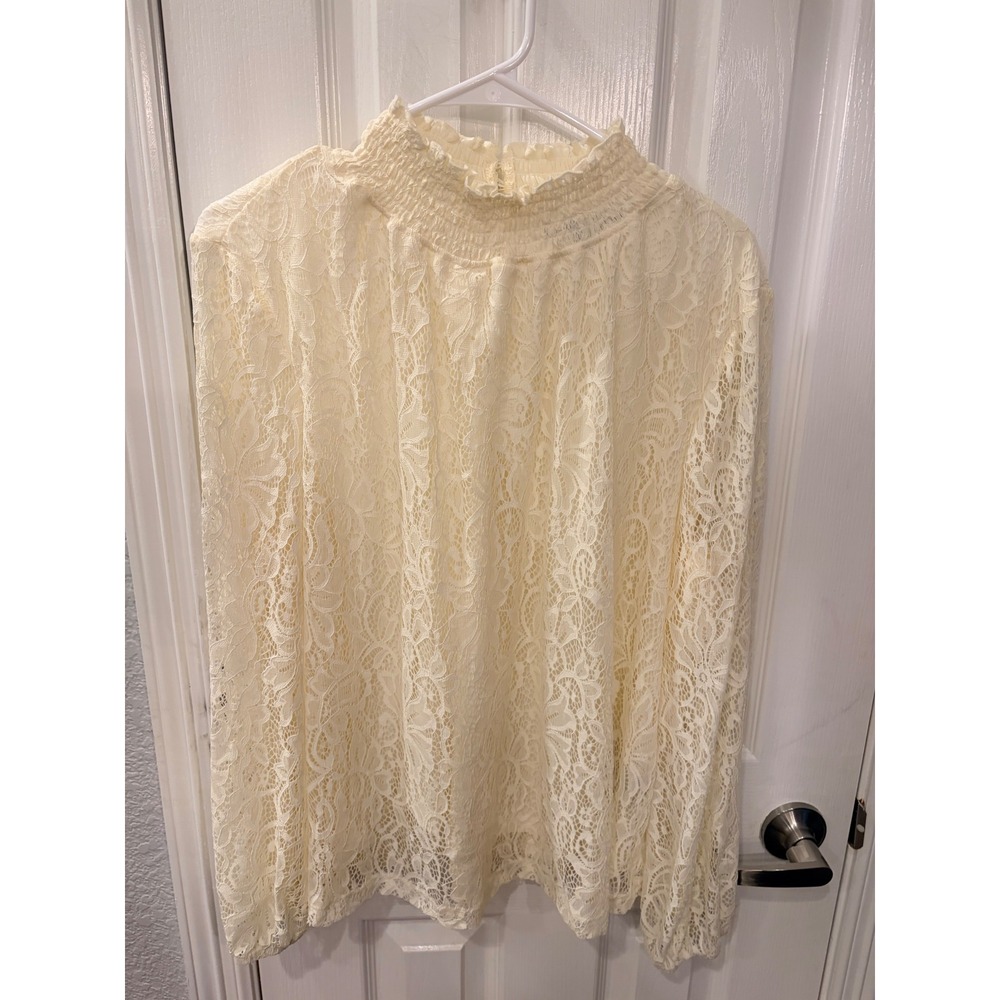 Zac & Rachel Blouse Cream Lace Smocked Mock Neck Long Sleeve Floral Top XL